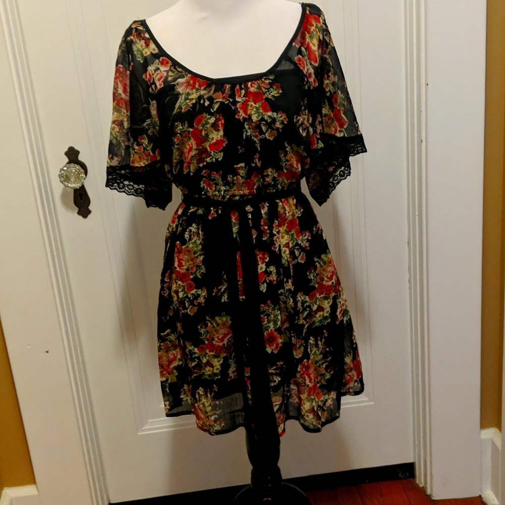 Black floral dress with attached slip